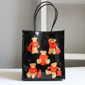 Avon Vintage Black Red PVC Teddy Bear Mini Tote Purse Double Handle Bag